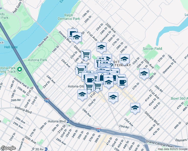 map of restaurants, bars, coffee shops, grocery stores, and more near 22-33 29th Street in Queens