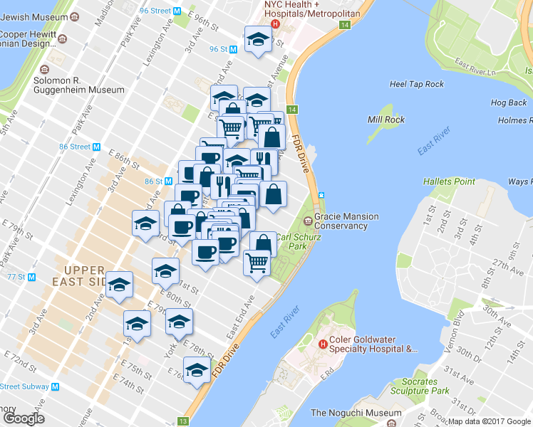 map of restaurants, bars, coffee shops, grocery stores, and more near 528 East 87th Street in New York