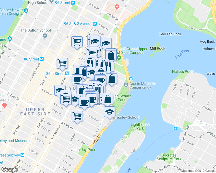 map of restaurants, bars, coffee shops, grocery stores, and more near 528 East 87th Street in New York
