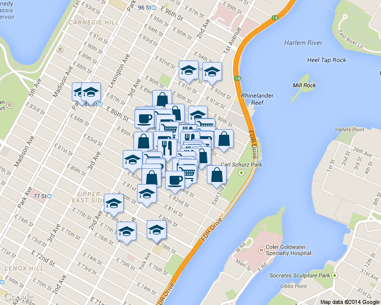 map of restaurants, bars, coffee shops, grocery stores, and more near in New York