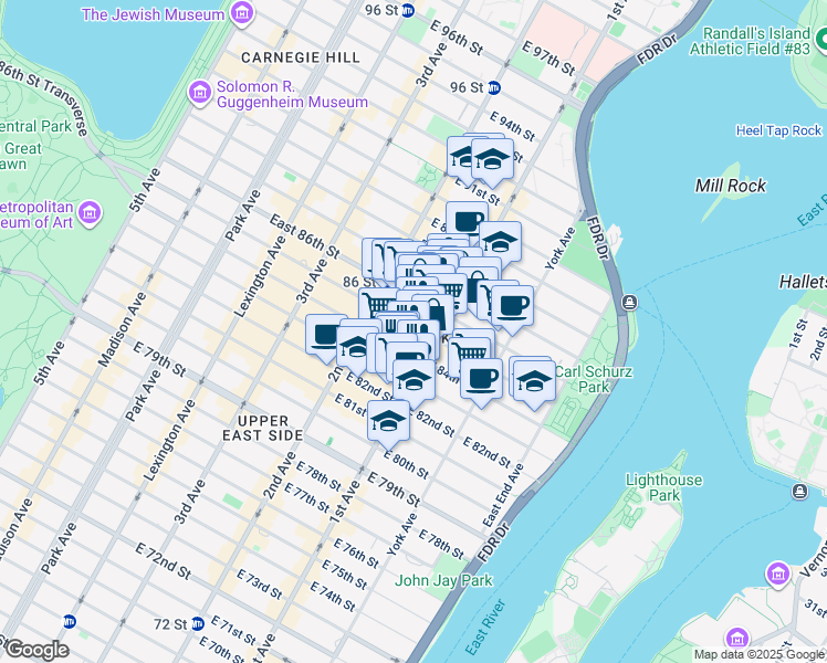 map of restaurants, bars, coffee shops, grocery stores, and more near 1634 1st Avenue in New York