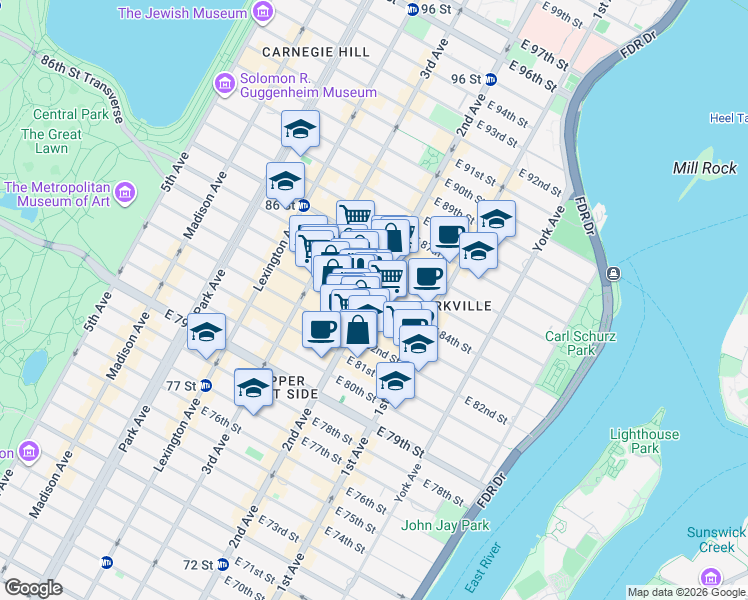 map of restaurants, bars, coffee shops, grocery stores, and more near 252 East 84th Street in New York