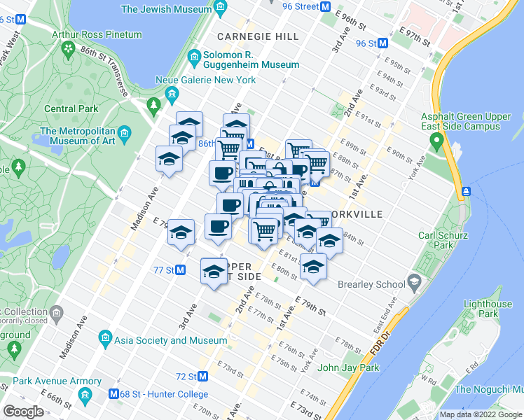 map of restaurants, bars, coffee shops, grocery stores, and more near 225 East 82nd Street in New York