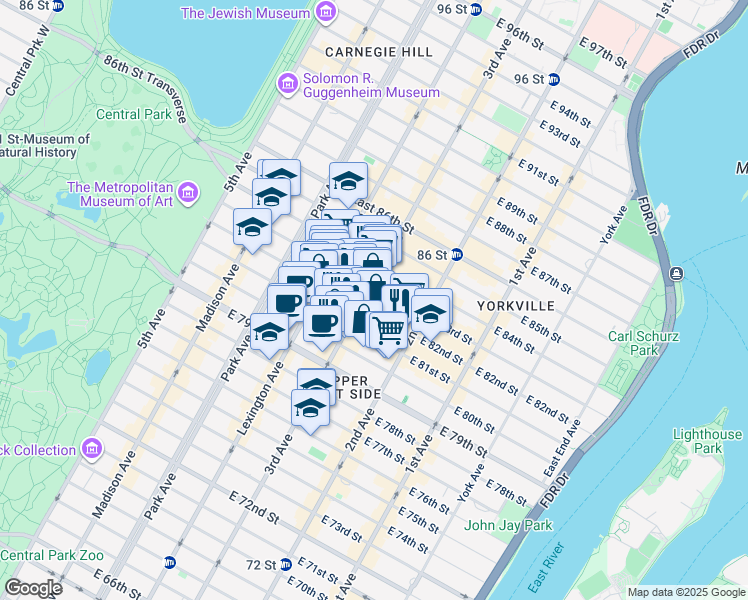 map of restaurants, bars, coffee shops, grocery stores, and more near 1445 3rd Avenue in New York