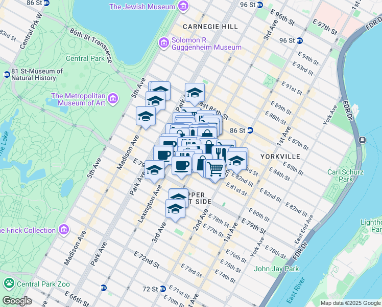 map of restaurants, bars, coffee shops, grocery stores, and more near 1445 3rd Avenue in New York