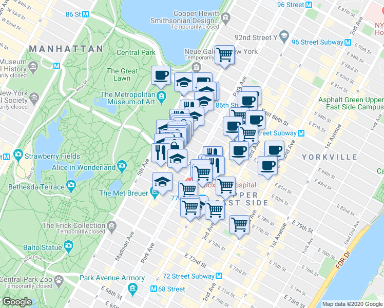 map of restaurants, bars, coffee shops, grocery stores, and more near in New York