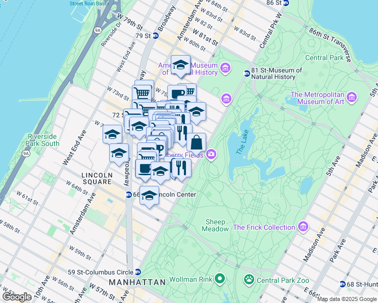 map of restaurants, bars, coffee shops, grocery stores, and more near 115 Central Park West in New York