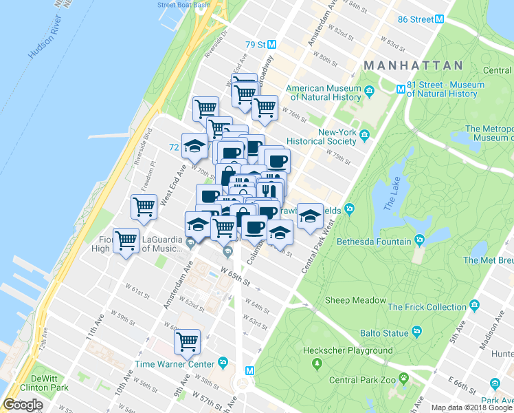 map of restaurants, bars, coffee shops, grocery stores, and more near 140 West 69th Street in New York