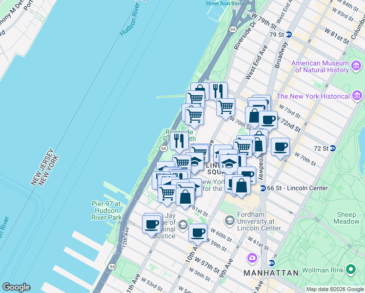 map of restaurants, bars, coffee shops, grocery stores, and more near 320 West 66th Street in New York