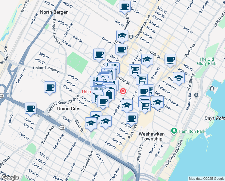 map of restaurants, bars, coffee shops, grocery stores, and more near 402 40th Street in Union City