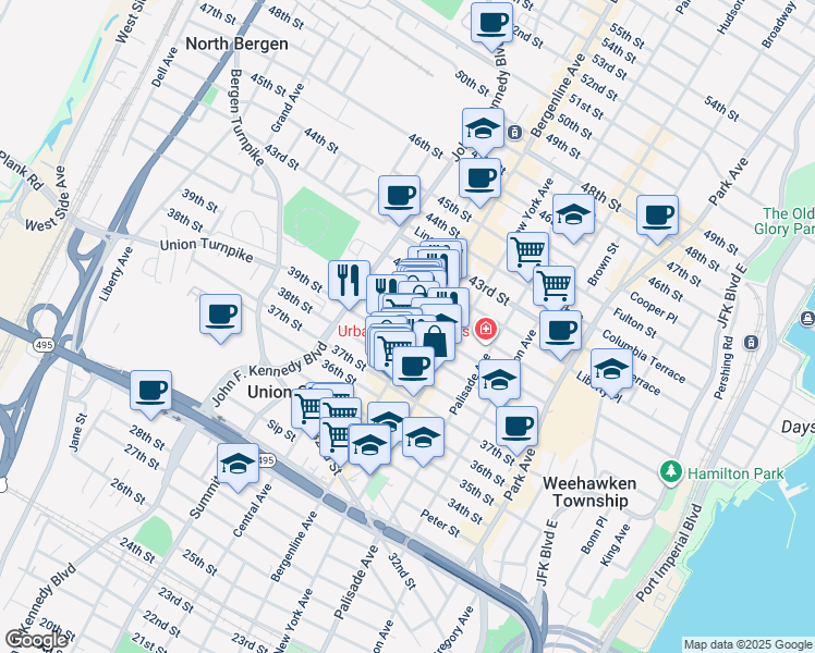 map of restaurants, bars, coffee shops, grocery stores, and more near 4005 Bergenline Avenue in Union City