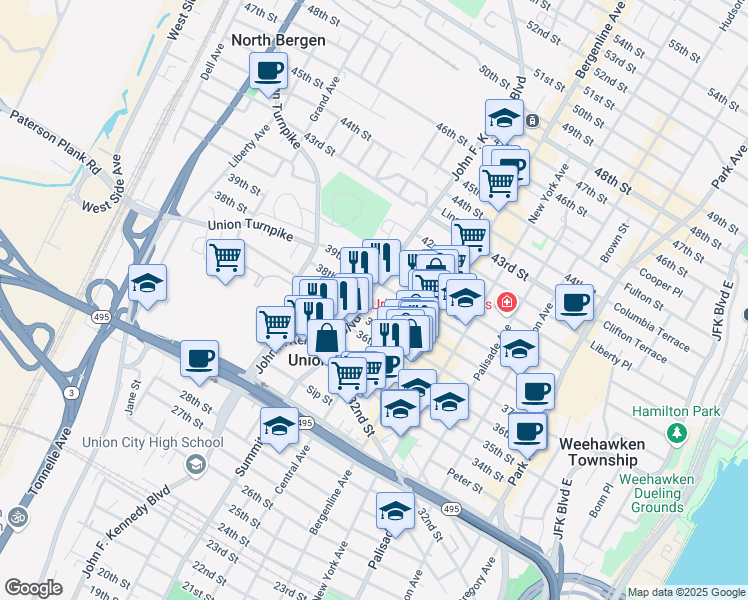 map of restaurants, bars, coffee shops, grocery stores, and more near 3700 John F. Kennedy Boulevard in Union City