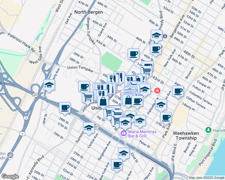 map of restaurants, bars, coffee shops, grocery stores, and more near 3700 John F. Kennedy Boulevard in Union City