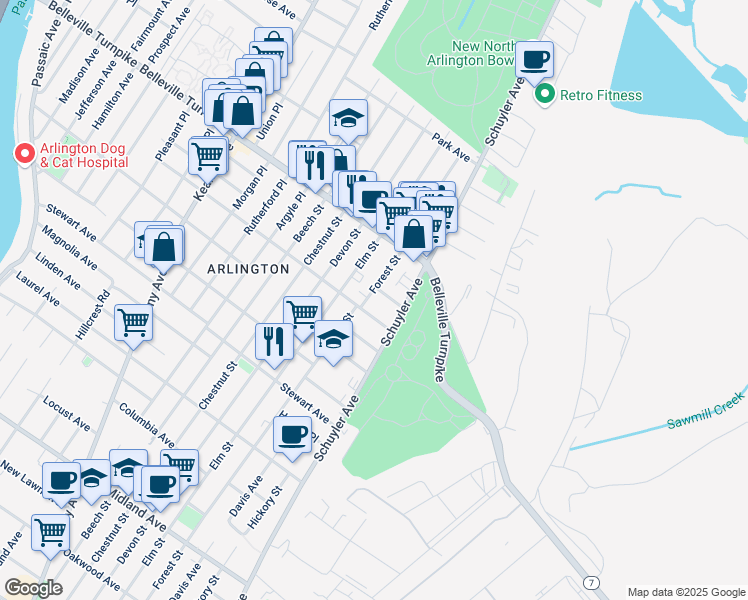 map of restaurants, bars, coffee shops, grocery stores, and more near 200 Seeley Avenue in Kearny