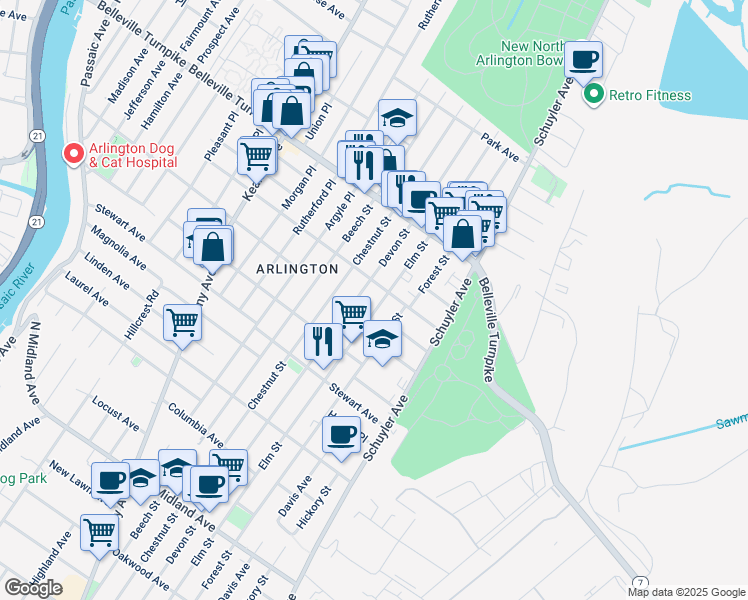 map of restaurants, bars, coffee shops, grocery stores, and more near 692 Elm Street in Kearny