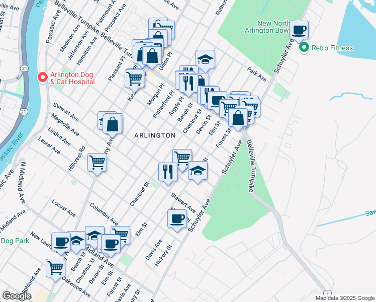 map of restaurants, bars, coffee shops, grocery stores, and more near 692 Elm Street in Kearny