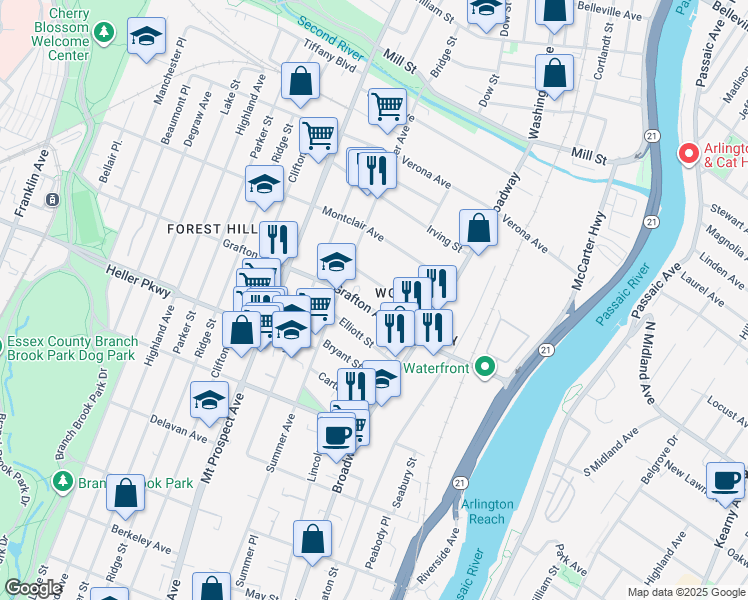 map of restaurants, bars, coffee shops, grocery stores, and more near 118 Grafton Avenue in Newark