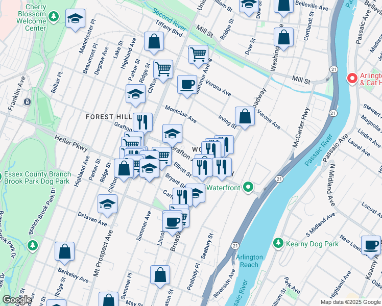 map of restaurants, bars, coffee shops, grocery stores, and more near 115 Grafton Avenue in Newark
