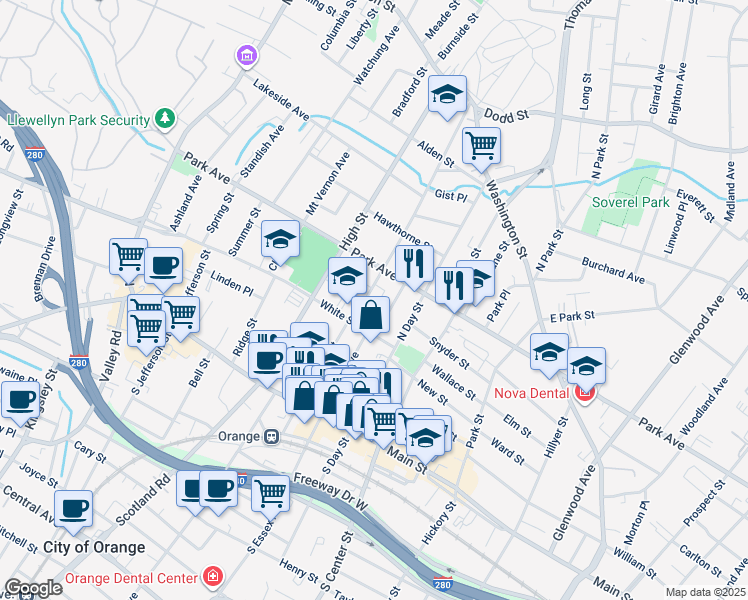 map of restaurants, bars, coffee shops, grocery stores, and more near 124 Cleveland Street in City of Orange