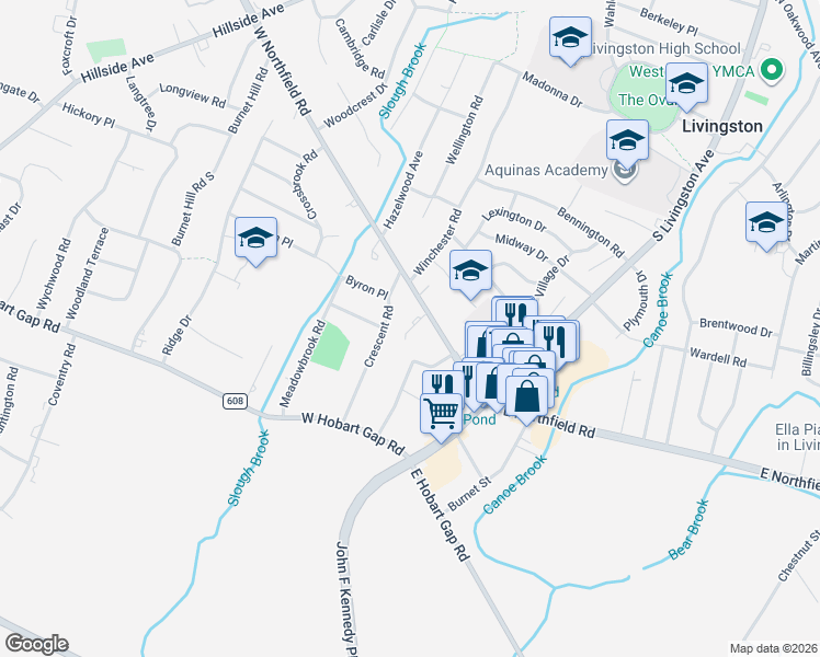map of restaurants, bars, coffee shops, grocery stores, and more near 23 Crescent Road in Livingston