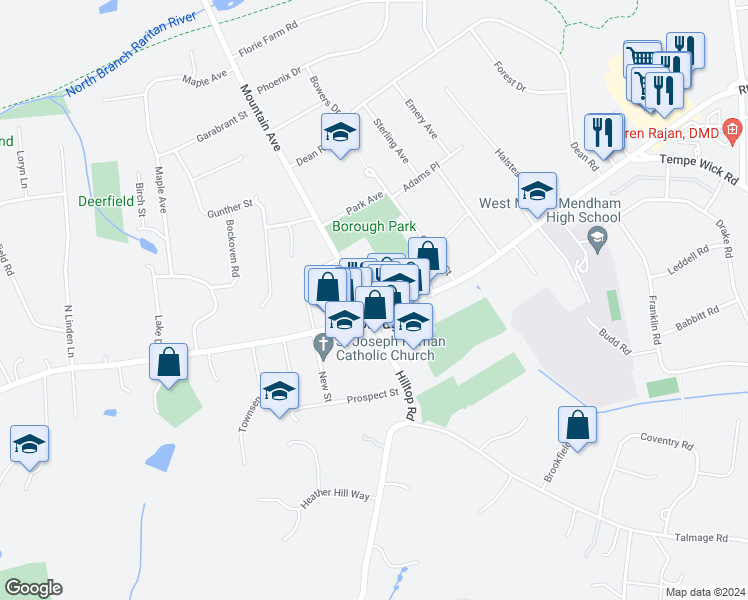 map of restaurants, bars, coffee shops, grocery stores, and more near in Mendham