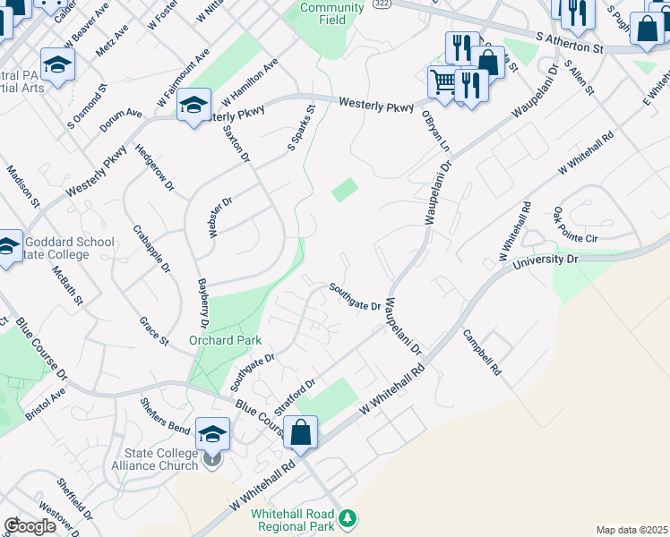 map of restaurants, bars, coffee shops, grocery stores, and more near 821 Southgate Drive in State College