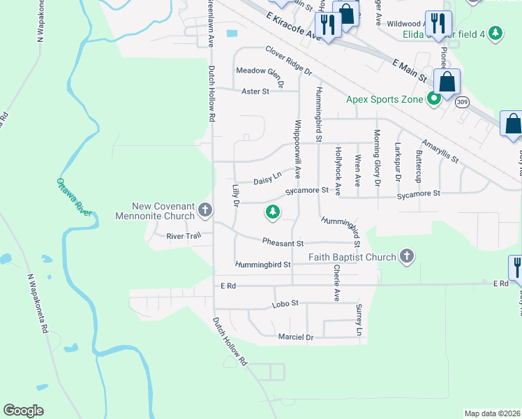 map of restaurants, bars, coffee shops, grocery stores, and more near 5149 Sycamore St in Elida