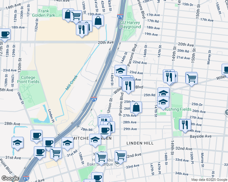 map of restaurants, bars, coffee shops, grocery stores, and more near 143-18 Willets Point Boulevard in Queens
