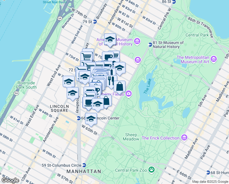map of restaurants, bars, coffee shops, grocery stores, and more near 115 Central Park West in New York