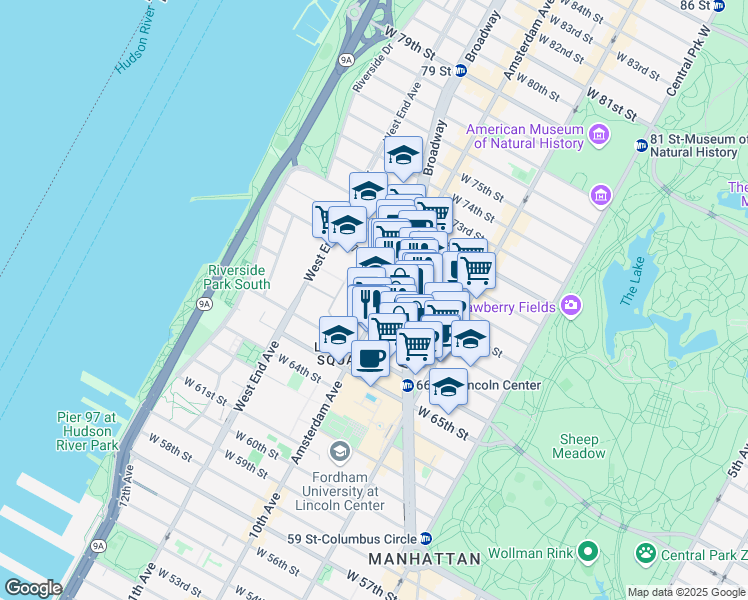 map of restaurants, bars, coffee shops, grocery stores, and more near 180 Amsterdam Avenue in New York