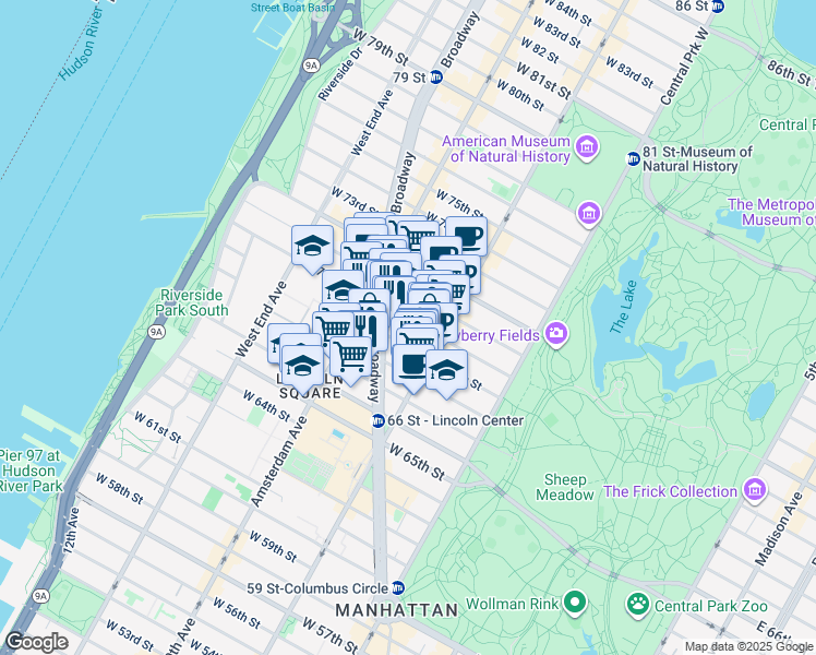 map of restaurants, bars, coffee shops, grocery stores, and more near 134 West 70th Street in New York