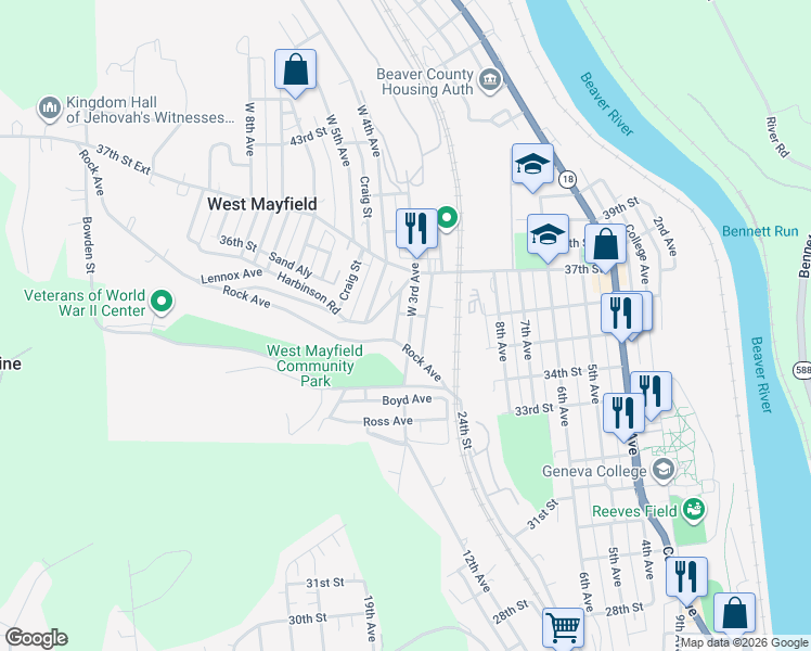 map of restaurants, bars, coffee shops, grocery stores, and more near 3517 West 3rd Avenue in Beaver Falls