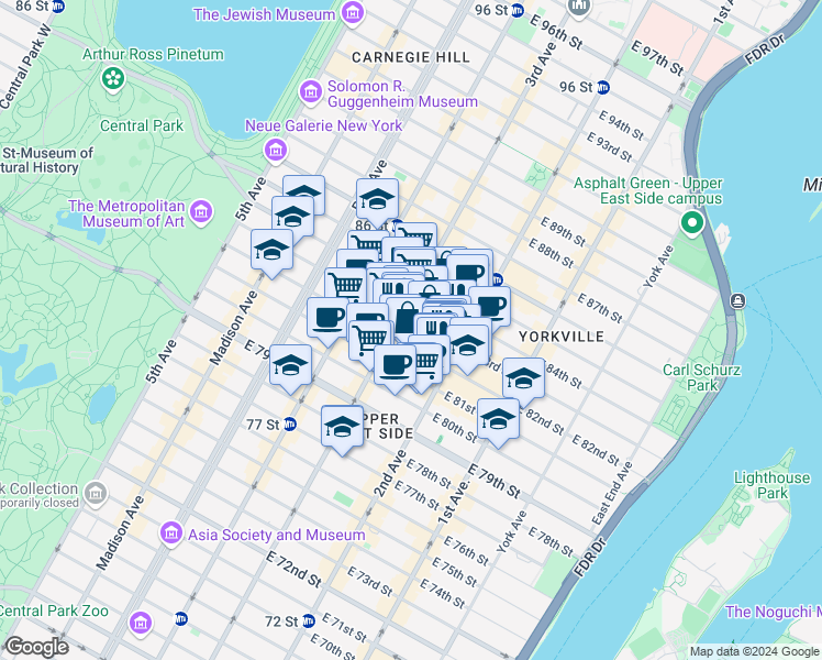 map of restaurants, bars, coffee shops, grocery stores, and more near 206 East 83rd Street in New York