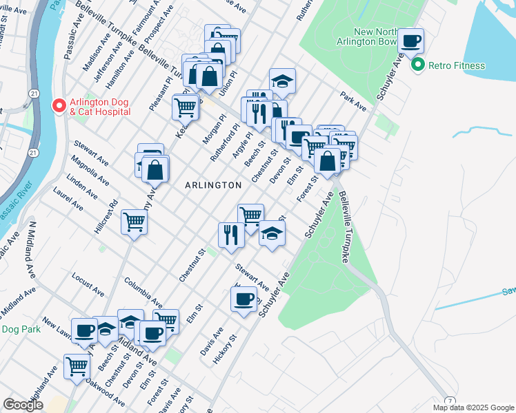 map of restaurants, bars, coffee shops, grocery stores, and more near 692 Elm Street in Kearny