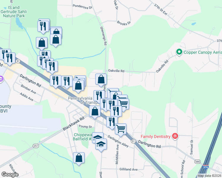map of restaurants, bars, coffee shops, grocery stores, and more near 766 Shenango Road in Beaver Falls
