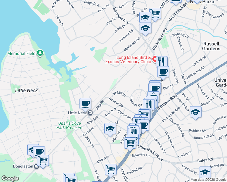 map of restaurants, bars, coffee shops, grocery stores, and more near 29 West Mill Drive in Great Neck