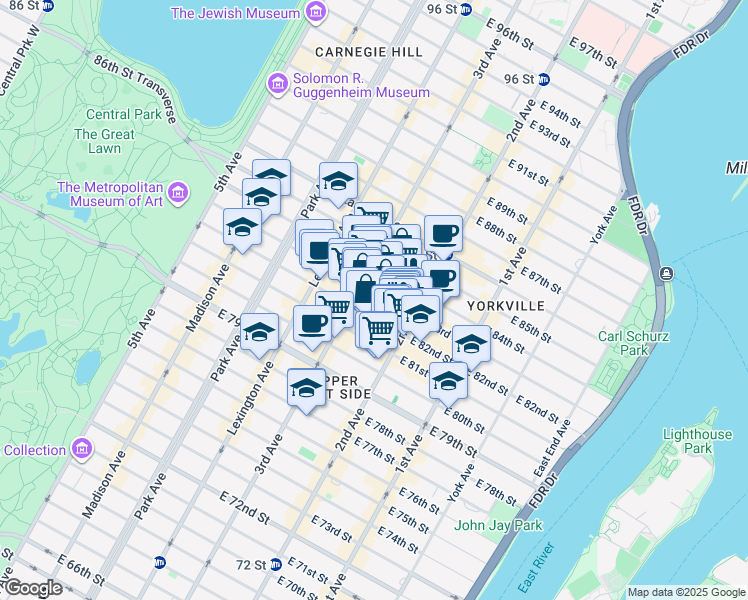 map of restaurants, bars, coffee shops, grocery stores, and more near 210 East 83rd Street in New York