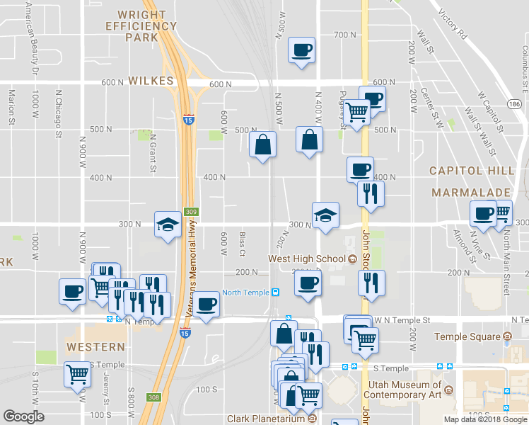 map of restaurants, bars, coffee shops, grocery stores, and more near 321 North 500 West in Salt Lake City