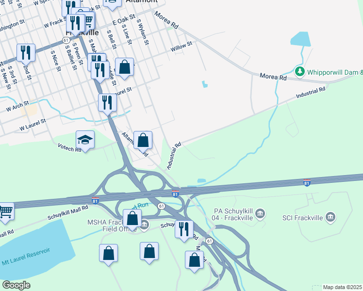 map of restaurants, bars, coffee shops, grocery stores, and more near 32 Industrial Road in Frackville