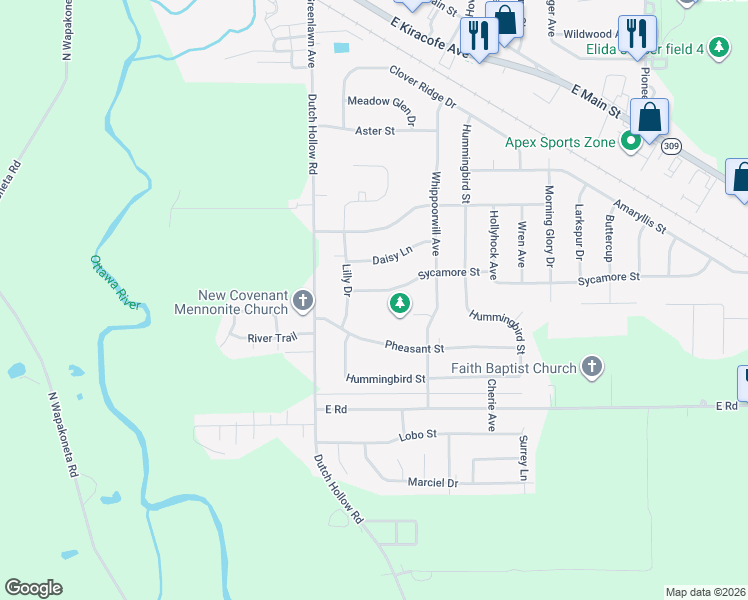 map of restaurants, bars, coffee shops, grocery stores, and more near 5149 Sycamore Street in Elida