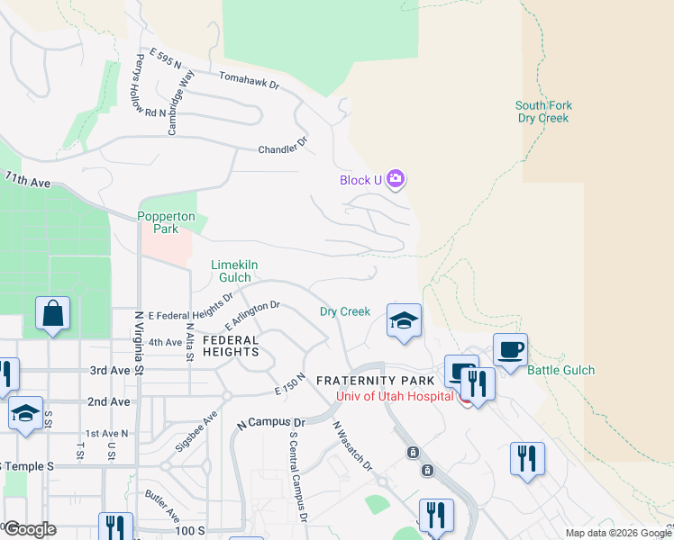 map of restaurants, bars, coffee shops, grocery stores, and more near 325 Federal Heights Circle in Salt Lake City