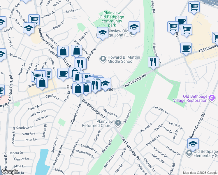 map of restaurants, bars, coffee shops, grocery stores, and more near 204 Palo Alto Drive in Plainview
