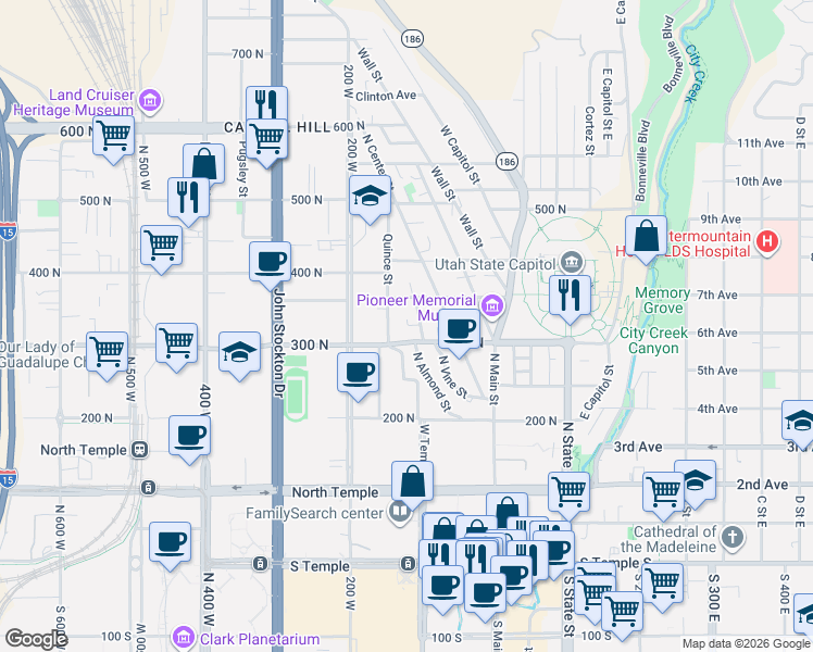map of restaurants, bars, coffee shops, grocery stores, and more near 319 North Almond Street in Salt Lake City
