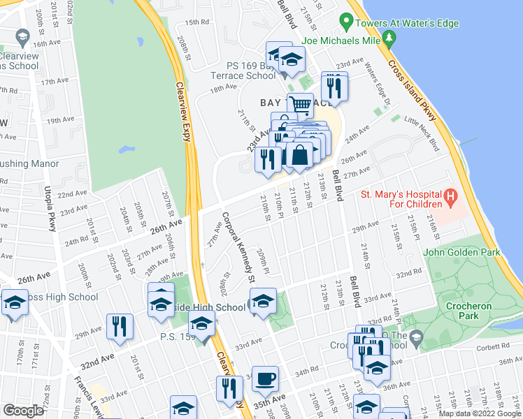 map of restaurants, bars, coffee shops, grocery stores, and more near 209-56 27th Avenue in Queens