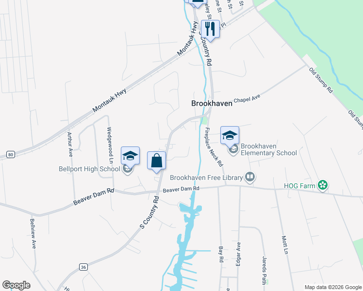 map of restaurants, bars, coffee shops, grocery stores, and more near 7 Prairie Lane in Brookhaven