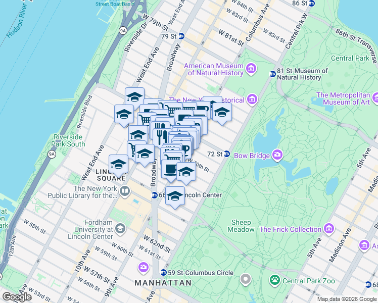 map of restaurants, bars, coffee shops, grocery stores, and more near 235 Columbus Avenue in New York