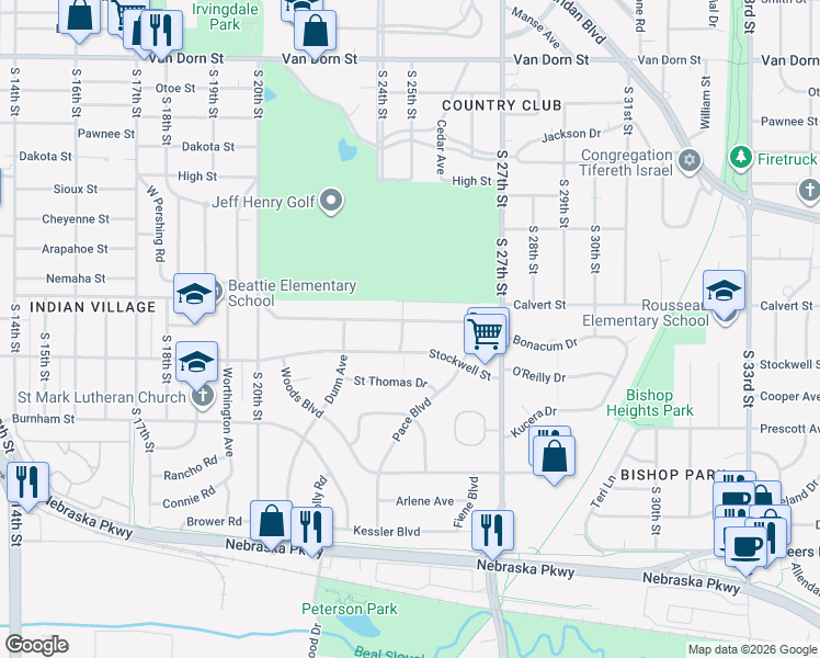 map of restaurants, bars, coffee shops, grocery stores, and more near 2520 Stockwell Street in Lincoln