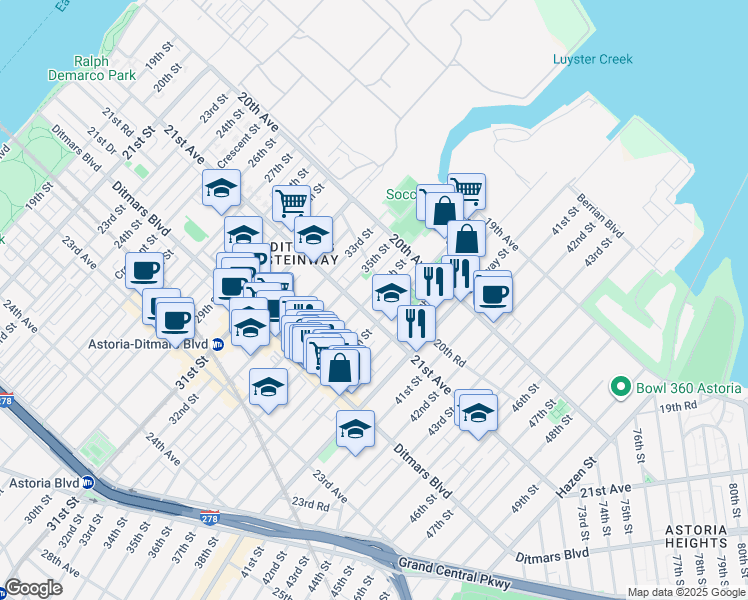 map of restaurants, bars, coffee shops, grocery stores, and more near 20-70 37th Street in Queens