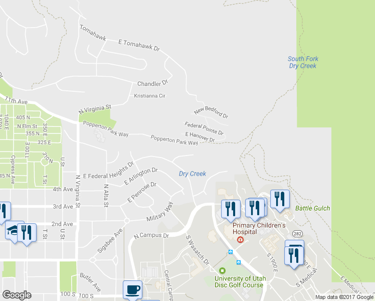 map of restaurants, bars, coffee shops, grocery stores, and more near 325 Federal Heights Circle in Salt Lake City