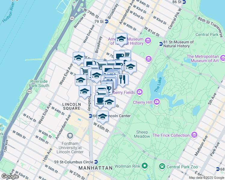 map of restaurants, bars, coffee shops, grocery stores, and more near 70 West 71st Street in New York